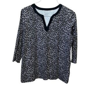 Charter Club Woman Leopard Print Split V-Neck 3/4 Sleeve Top Black White 1X